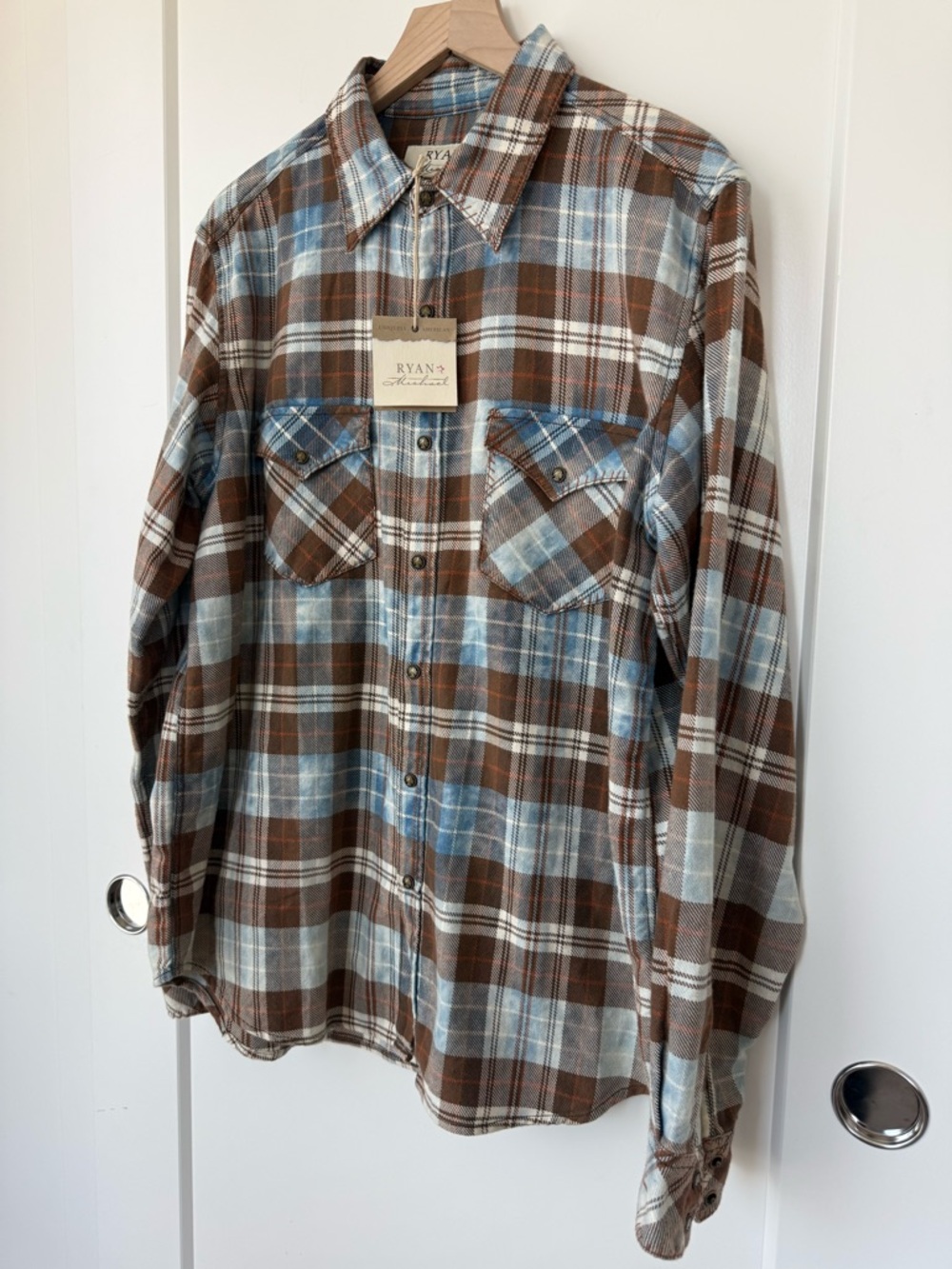 Ryan Michael Brown & Light Blue Plaid Button-Up Western Style Shirt - Picture 2 of 7